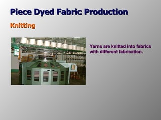 Piece Dyed Fabric Production Knitting Yarns are knitted into fabrics with different fabrication. 