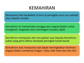 KEMAHIRAN
Manipulasi alat hendaklah di bina di peringkat umur pra sekolah
atau sekolah rendah.

Kemahiran ini memerlukan penggunaan angota badan untuk
mengawal, megawasi atau menangani sesuatu objek

Kemahiran manipulasi alat merupakan asas kepada kemahiran
sukan yang perlu dibina daripada peringkat kanak-kanak

Kemahiran asas manipulasi alat dapat meningkatkan kordinasi
angota badan contohnya tangan- mata, kaki mata dan lain-lain.
 