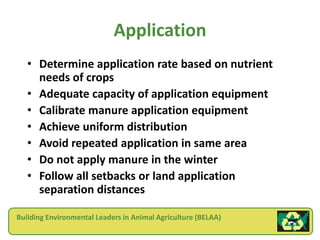 Application
   • Determine application rate based on nutrient
     needs of crops
   • Adequate capacity of application equipment
   • Calibrate manure application equipment
   • Achieve uniform distribution
   • Avoid repeated application in same area
   • Do not apply manure in the winter
   • Follow all setbacks or land application
     separation distances

Building Environmental Leaders in Animal Agriculture (BELAA)
 