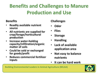 Benefits and Challenges to Manure
           Production and Use
Benefits                                   Challenges
• Readily available nutrient               • Odor
  source
• All nutrients are supplied for           • Flies
  crop/forage/horticultural                • Storage
  production
• Increase water-holding                   • Handling
  capacity/infiltration/organic            • Lack of available
  matter of soils
• Could be sold or exchanged
                                             application area
  for goods/profit                         • Not easy to balance
• Reduces commercial fertilizer              nutrients
  inputs
                                           • It can be hard work
Building Environmental Leaders in Animal Agriculture (BELAA)
 