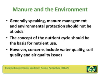 Manure and the Environment
• Generally speaking, manure management
  and environmental protection should not be
  at odds
• The concept of the nutrient cycle should be
  the basis for nutrient use.
• However, concerns include water quality, soil
  quality and air quality issues

Building Environmental Leaders in Animal Agriculture (BELAA)
 