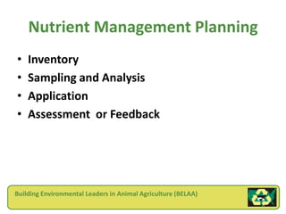 Nutrient Management Planning
•   Inventory
•   Sampling and Analysis
•   Application
•   Assessment or Feedback




Building Environmental Leaders in Animal Agriculture (BELAA)
 