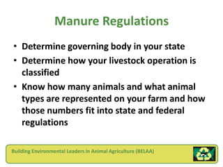 Manure Regulations
• Determine governing body in your state
• Determine how your livestock operation is
  classified
• Know how many animals and what animal
  types are represented on your farm and how
  those numbers fit into state and federal
  regulations

Building Environmental Leaders in Animal Agriculture (BELAA)
 