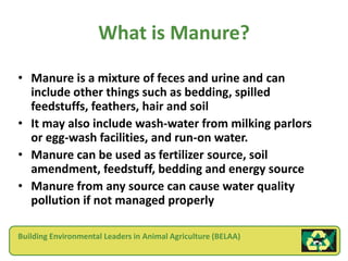 What is Manure?

• Manure is a mixture of feces and urine and can
  include other things such as bedding, spilled
  feedstuffs, feathers, hair and soil
• It may also include wash-water from milking parlors
  or egg-wash facilities, and run-on water.
• Manure can be used as fertilizer source, soil
  amendment, feedstuff, bedding and energy source
• Manure from any source can cause water quality
  pollution if not managed properly

Building Environmental Leaders in Animal Agriculture (BELAA)
 