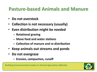 Pasture-based Animals and Manure
   • Do not overstock
   • Collection is not necessary (usually)
   • Even distribution might be needed
       – Rotational grazing
       – Move feed and water stations
       – Collection of manure and re-distribution
   • Keep animals out streams and ponds
   • Do not overgraze
       – Erosion, compaction, runoff
Building Environmental Leaders in Animal Agriculture (BELAA)
 