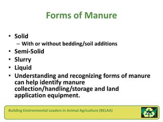 Forms of Manure
• Solid
    – With or without bedding/soil additions
•   Semi-Solid
•   Slurry
•   Liquid
•   Understanding and recognizing forms of manure
    can help identify manure
    collection/handling/storage and land
    application equipment.

Building Environmental Leaders in Animal Agriculture (BELAA)
 