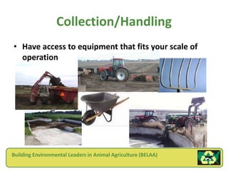 Collection/Handling
• Have access to equipment that fits your scale of
  operation




Building Environmental Leaders in Animal Agriculture (BELAA)
 