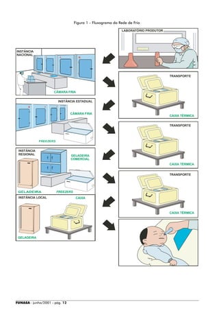 Figura 1 - Fluxograma da Rede de Frio

                                                            LABORATÓRIO PRODUTOR




INSTÂNCIA
NACIONAL




                                                                                   TRANSPORTE




                     CÂMARA FRIA

                        INSTÂNCIA ESTADUAL


                                CÂMARA FRIA
                                                                                   CAIXA TÉRMICA


                                                                                   TRANSPORTE




 INSTÂNCIA
 REGIONAL                       GELADEIRA
                                COMERCIAL
                                                                                   CAIXA TÉRMICA


                                                                                   TRANSPORTE




                       FREEZERS
 INSTÂNCIA LOCAL                  CAIXA



                                                                                   CAIXA TÉRMICA




 GELADEIRA




FUNASA - junho/2001 - pág. 12
 