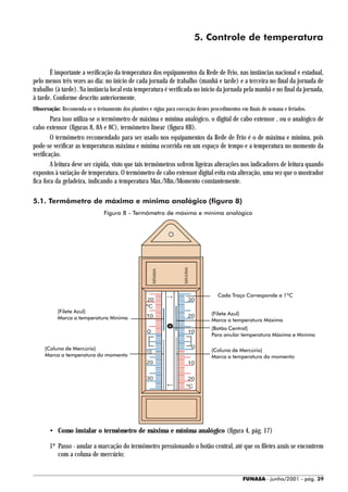 5. Controle de temperatura


       É importante a verificação da temperatura dos equipamentos da Rede de Frio, nas instâncias nacional e estadual,
pelo menos três vezes ao dia: no início de cada jornada de trabalho (manhã e tarde) e a terceira no final da jornada de
trabalho (à tarde). Na instância local esta temperatura é verificada no início da jornada pela manhã e no final da jornada,
à tarde. Conforme descrito anteriormente.
Observação: Recomenda-se o treinamento dos plantões e vigias para execução destes procedimentos em finais de semana e feriados.
        Para isso utiliza-se o termômetro de máxima e mínima analógico, o digital de cabo extensor , ou o analógico de
cabo extensor (figuras 8, 8A e 8C), termômetro linear (figura 8B).
        O termômetro recomendado para ser usado nos equipamentos da Rede de Frio é o de máxima e mínima, pois
pode-se verificar as temperaturas máxima e mínima ocorrida em um espaço de tempo e a temperatura no momento da
verificação.
        A leitura deve ser rápida, visto que tais termômetros sofrem ligeiras alterações nos indicadores de leitura quando
expostos à variação de temperatura. O termômetro de cabo extensor digital evita esta alteração, uma vez que o mostrador
fica fora da geladeira, indicando a temperatura Max./Min./Momento constantemente.

5.1. Termômetro de máxima e mínima analógico (figura 8)
                                Figura 8 - Termômetro de máxima e mínima analógico
                                                                      MÁXIMA
                                                       MÍNIMA




                                                                                     Cada Traço Corresponde a 1ºC


           (Filete Azul)                                                           (Filete Azul)
           Marca a temperatura Mínima                                              Marca a temperatura Máxima
                                                                                   (Botão Central)
                                                                                   Para anular temperatura Máxima e Mínima

     (Coluna de Mercúrio)                                                          (Coluna de Mercúrio)
     Marca a temperatura do momento                                                Marca a temperatura do momento




       • Como instalar o termômetro de máxima e mínima analógico (figura 4, pág. 17)

       1º Passo - anular a marcação do termômetro pressionando o botão central, até que os filetes azuis se encontrem
          com a coluna de mercúrio;


                                                                                                 FUNASA - junho/2001 - pág. 39
 
