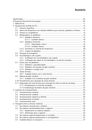 Sumário


Apresentação ................................................................................................................................. 07
O Programa Nacional de Imunizações ........................................................................................... 09
1. Rede de Frio .............................................................................................................................. 11
2. Equipamentos da Rede de Frio .................................................................................................. 13
   2.1. Câmaras frigoríficas ........................................................................................................ 13
   2.2. Alarme de temperatura com discador telefônico para câmaras, geladeiras e freezers ...... 14
   2.3. Freezers ou congeladores ................................................................................................ 15
   2.4. Refrigeradores ou geladeiras ........................................................................................... 16
         2.4.1. Geladeira doméstica ............................................................................................ 16
                 2.4.1.1. Cuidados básicos ................................................................................... 18
         2.4.2. Geladeira Comercial ............................................................................................ 19
                 2.4.2.1. Organização interna .............................................................................. 19
                 2.4.2.2. Cuidados básicos ................................................................................... 20
         2.4.3. Termostato ou controle de temperatura ................................................................ 20
         2.4.4. Limpeza da geladeira ........................................................................................... 21
   2.5. Situações de emergência ................................................................................................. 22
   2.6. Imunobiológicos sob suspeita .......................................................................................... 22
         2.6.1. Inutilização dos imunobiológicos sob suspeita ...................................................... 23
         2.6.2. Inutilização das sobras de imunobiológicos na sala de vacinação ........................ 24
   2.7. Outros tipos de geladeiras ............................................................................................... 24
         2.7.1. Geladeira a gás/eletricidade ................................................................................ 24
         2.7.2. Geladeira com paredes de gelo reciclável ............................................................ 24
         2.7.3. Geladeira a energia solar .................................................................................... 24
   2.8. Caixas térmicas ............................................................................................................... 24
         2.8.1. Cuidados básicos com a caixa térmica .................................................................. 25
   2.9. Bobinas de gelo reciclável ............................................................................................... 25
         2.9.1. Cuidados com as bobinas de gelo reciclável ......................................................... 26
   2.10. Procedimentos para aquisição de caixas térmicas ............................................................ 26
   2.11. Organização da caixa térmica para vacinação de rotina na sala de vacinação ................ 27
         2.11.1.Procedimentos no final das atividades .................................................................. 27
         2.11.2.Ambientação da bobina de gelo reciclável ........................................................... 27
3. Instâncias de armazenamento ................................................................................................... 29
   3.1. Armazenamento nacional ................................................................................................ 29
   3.2. Armazenamento estadual ................................................................................................ 29
   3.3. Armazenamento regional ou Distrital .............................................................................. 30
   3.4. Armazenamento municipal .............................................................................................. 31
   3.5. Armazenamento local ...................................................................................................... 31
4. Transporte entre as diversas instâncias ...................................................................................... 33
   4.1. Da instância nacional para a estadual ............................................................................. 33
   4.2. Da instância central/estadual para a regional ................................................................. 35
         4.2.1. Recebimento na instância estadual ....................................................................... 35
         4.2.2. Distribuição para a regional ................................................................................. 35
   4.3. Da instância regional estadual para a municipal ............................................................. 36
   4.4. Da instância regional estadual para a municipal/local .................................................... 37
   4.5. Cuidados básicos no transporte ....................................................................................... 37
 
