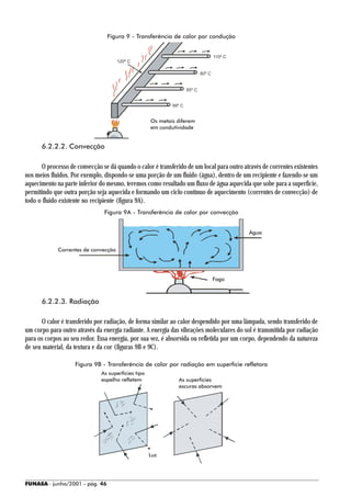 Figura 9 - Transferência de calor por condução


                                                                                    110º C
                                      120º C

                                                                            80º C


                                                                    85º C


                                                            99º C


                                                    Os metais diferem
                                                    em condutividade


      6.2.2.2. Convecção

      O processo de convecção se dá quando o calor é transferido de um local para outro através de correntes existentes
nos meios fluidos. Por exemplo, dispondo-se uma porção de um fluido (água), dentro de um recipiente e fazendo-se um
aquecimento na parte inferior do mesmo, teremos como resultado um fluxo de água aquecida que sobe para a superfície,
permitindo que outra porção seja aquecida e formando um ciclo contínuo de aquecimento (correntes de convecção) de
todo o fluido existente no recipiente (figura 9A).
                                Figura 9A - Transferência de calor por convecção


                                                                                             Água


             Correntes de convecção




                                                                                    Fogo



      6.2.2.3. Radiação

       O calor é transferido por radiação, de forma similar ao calor despendido por uma lâmpada, sendo transferido de
um corpo para outro através da energia radiante. A energia das vibrações moleculares do sol é transmitida por radiação
para os corpos ao seu redor. Essa energia, por sua vez, é absorvida ou refletida por um corpo, dependendo da natureza
de seu material, da textura e da cor (figuras 9B e 9C).

                    Figura 9B - Transferência de calor por radiação em superfície refletora
                              As superfícies tipo
                              espelho refletem                As superfícies
                                                              escuras absorvem




                                                    Luz




FUNASA - junho/2001 - pág. 46
 