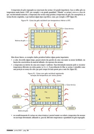 A temperatura do gelo empregado na conservação das vacinas é de grande importância. Caso se utilize gelo em
temperaturas muito baixas (-20ºC, por exemplo) e em grande quantidade (“ilhando” as vacinas) corre-se o risco de
que, em determinado momento, a temperatura das vacinas esteja próxima à temperatura do gelo. Em conseqüência, as
vacinas ficarão congeladas, o que inativará alguns tipos específicos, como, por exemplo: a DTP (figura 9I).
                      Figura 9I - Caixa de gelo reciclável com temperatura inferior a 0ºC




                                                                                    Caixa térmica




            Bobinas de gelo                                                         Calor




      Além desses fatores, os exemplos citados permitem lembrar alguns pontos importantes:
      • o calor, decorrido algum tempo, passará através das paredes da caixa com maior ou menor facilidade, em
         função das características do material utilizado e da espessura das mesmas;
      • a temperatura no interior da caixa nem sempre é uniforme. Num determinado momento pode-se encontrar
         temperaturas diferentes em vários pontos (a, b e c). O procedimento de ilhar as vacinas é entendido como
         uma proteção ao avanço do calor, que parte sempre do mais quente para o mais frio (figura 9J);

                               Figura 9J - Caixa com gelo reciclável registrando
                                  variação de temperatura em vários pontos


                                                                        Calor

                                                                                      Caixa térmica




                                                       Frio
             +2
                                          a
                                                                           c
                                                        Vacina
                                               b


             +4
                                                                                              0º


                  Bobina de gelo


      • no acondicionamento de vacinas em caixas térmicas é possível manter ou reduzir a temperatura das mesmas
        em um tempo determinado, utilizando-se, para tal, diferentes temperaturas e quantidades do gelo empregado.




FUNASA - junho/2001 - pág. 50
 