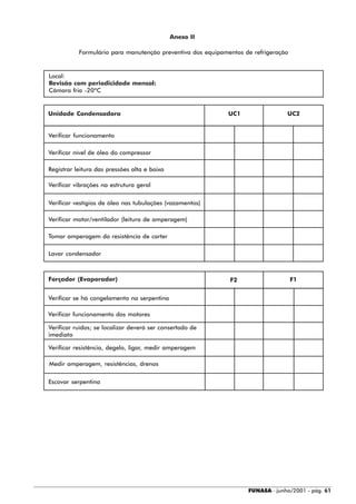 Anexo II

           Formulário para manutenção preventiva dos equipamentos de refrigeração


Local:
Revisão com periodicidade mensal:
Câmara fria -20ºC


Unidade Condensadora                                        UC1                 UC2


Verificar funcionamento

Verificar nível de óleo do compressor

Registrar leitura das pressões alta e baixa

Verificar vibrações na estrutura geral


Verificar vestígios de óleo nas tubulações (vazamentos)

Verificar motor/ventilador (leitura de amperagem)

Tomar amperagem da resistência de carter

Lavar condensador



Forçador (Evaporador)                                        F2                     F1


Verificar se há congelamento na serpentina

Verificar funcionamento dos motores

Verificar ruídos; se localizar deverá ser consertado de
imediato

Verificar resistência, degelo, ligar, medir amperagem

Medir amperagem, resistências, drenos


Escovar serpentina




                                                                   FUNASA - junho/2001 - pág. 61
 