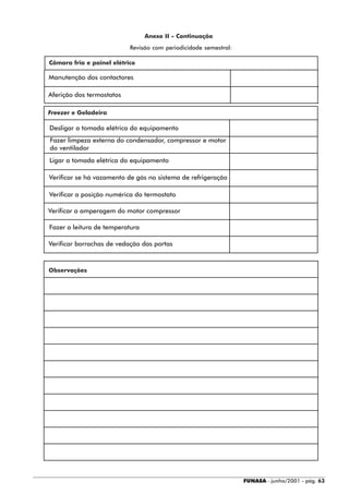 Anexo II - Continuação
                           Revisão com periodicidade semestral:

Câmara fria e painel elétrico

Manutenção dos contactores

Aferição dos termostatos

Freezer e Geladeira

Desligar a tomada elétrica do equipamento
Fazer limpeza externa do condensador, compressor e motor
do ventilador
Ligar a tomada elétrica do equipamento

Verificar se há vazamento de gás no sistema de refrigeração

Verificar a posição numérica do termostato

Verificar a amperagem do motor compressor

Fazer a leitura de temperatura

Verificar borrachas de vedação das portas



Observações




                                                                  FUNASA - junho/2001 - pág. 63
 