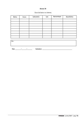 Anexo IX

                                 Guia de baixa no sistema


   Motivo     Imuno           Laboratório          Lote     Apresentação       Quantitativo




Obs.:




 Data _______/______/______       Assinatura: ___________________________________




                                                                    FUNASA - junho/2001 - pág. 73
 