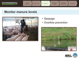Monitor manure levels
• Seepage
• Overflow prevention
Summary
Emergency
Action Plan
Hazardous
Gases
LagoonsManure Pits
System
Operations
 