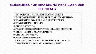 GUIDELINES FOR MAXIMIZING FERTILIZER USE
EFFICIENCY
1.INTEGRATED NUTRIENT MANAGEMENT
2.IMPROVED FERTILIZER APPLICATION METHOD
3.USAGE OF SLOW RELEASE FERTILIZERS
4.USAGE OF INHIBITORS
5.CROP ROTATION
6.PRACTICING CONSERVATIONALAGRICULTURE
7.CROP RESIDUE MANAGEMENT
8.GREEN MANURING
9.PRECISION FARMING
10. ENHANCING FERTILIZER USE EFFICIENCY
THROUGH CHROMATIN MODULATION
 