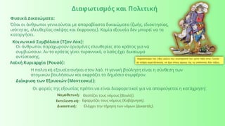 Διαφωτισμός και Πολιτική
Φυσικά Δικαιώματα:
Όλοι οι άνθρωποι γεννιούνται με απαραβίαστα δικαιώματα (ζωής, ιδιοκτησίας,
ισότητας, ελευθερίας σκέψης και έκφρασης). Καμία εξουσία δεν μπορεί να τα
καταργήσει.
Κοινωνικό Συμβόλαιο (Τζον Λοκ):
Οι άνθρωποι παραχωρούν ορισμένες ελευθερίες στο κράτος για να
συμβιώσουν. Αν το κράτος γίνει τυραννικό, ο λαός έχει δικαίωμα
αντίστασης.
Λαϊκή Κυριαρχία (Ρουσό):
Η πολιτική εξουσία ανήκει στον λαό. Η γενική βούληση είναι η σύνθεση των
ατομικών βουλήσεων και εκφράζει το δημόσιο συμφέρον.
Διάκριση των Εξουσιών (Μοντεσκιέ):
Οι φορείς της εξουσίας πρέπει να είναι διαφορετικοί για να αποφεύγεται η κατάχρηση:
Νομοθετική: Θεσπίζει τους νόμους (Βουλή).
Εκτελεστική: Εφαρμόζει τους νόμους (Κυβέρνηση).
Δικαστική: Ελέγχει την τήρηση των νόμων (Δικαστές).
 