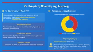 Οι Ηνωμένες Πολιτείες της Αμερικής
Το Σύνταγμα των ΗΠΑ (1787)
Το σύνταγμα των ΗΠΑ, που ισχύει κατά βάση μέχρι σήμερα,
ανακήρυξε τη χώρα ένωση (ομοσπονδία) πολιτειών
και βασίστηκε στην αρχή της
διάκρισης των εξουσιών.
Νομοθετική εξουσία
Ασκείται από το Κογκρέσο που αποτελείται από τη Γερουσία και τη
Βουλή των Αντιπροσώπων
Εκτελεστική εξουσία
Ασκείται από τον Πρόεδρο που εκλέγεται κάθε τέσσερα χρόνια και
μπορεί να επανεκλεγεί μόνο μία φορά
Δικαστική εξουσία
Ανεξάρτητη και αιρετή, με ανώτατο όργανο το Ανώτατο Δικαστήριο
Καταμερισμός αρμοδιοτήτων
Ο πρώτος Πρόεδρος
Τζορτζ Ουάσινγκτον(1789-1797)
Ο αρχιστράτηγος της επανάστασης έγινε ο πρώτος Πρόεδρος
των ΗΠΑ. Προς τιμή του, η πρωτεύουσα των ΗΠΑ πήρε
αργότερα το όνομά του.
 
