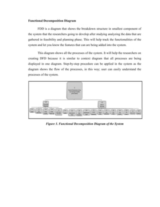 Functional Decomposition Diagram
FDD is a diagram that shows the breakdown structure in smallest component of
the system that the researchers going to develop after studying analyzing the data that are
gathered in feasibility and planning phase. This will help track the functionalities of the
system and let you know the features that can are being added into the system.
This diagram shows all the processes of the system. It will help the researchers on
creating DFD because it is similar to context diagram that all processes are being
displayed in one diagram. Step-by-step procedure can be applied in the system as the
diagram shows the flow of the processes, in this way; user can easily understand the
processes of the system.

Figure 3. Functional Decomposition Diagram of the System

 
