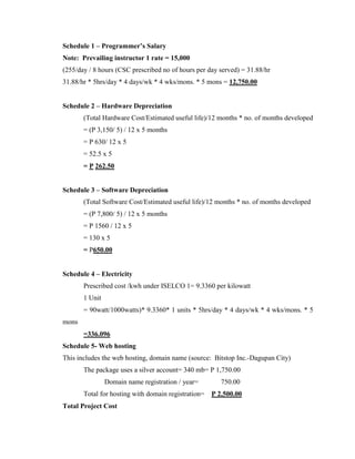 Schedule 1 – Programmer’s Salary
Note: Prevailing instructor 1 rate = 15,000
(255/day / 8 hours (CSC prescribed no of hours per day served) = 31.88/hr
31.88/hr * 5hrs/day * 4 days/wk * 4 wks/mons. * 5 mons = 12,750.00
Schedule 2 – Hardware Depreciation
(Total Hardware Cost/Estimated useful life)/12 months * no. of months developed
= (P 3,150/ 5) / 12 x 5 months
= P 630/ 12 x 5
= 52.5 x 5
= P 262.50
Schedule 3 – Software Depreciation
(Total Software Cost/Estimated useful life)/12 months * no. of months developed
= (P 7,800/ 5) / 12 x 5 months
= P 1560 / 12 x 5
= 130 x 5
= P650.00
Schedule 4 – Electricity
Prescribed cost /kwh under ISELCO 1= 9.3360 per kilowatt
1 Unit
= 90watt/1000watts)* 9.3360* 1 units * 5hrs/day * 4 days/wk * 4 wks/mons. * 5
mons
=336.096
Schedule 5- Web hosting
This includes the web hosting, domain name (source: Bitstop Inc.-Dagupan City)
The package uses a silver account= 340 mb= P 1,750.00
Domain name registration / year=
Total for hosting with domain registration=
Total Project Cost

750.00
P 2,500.00

 