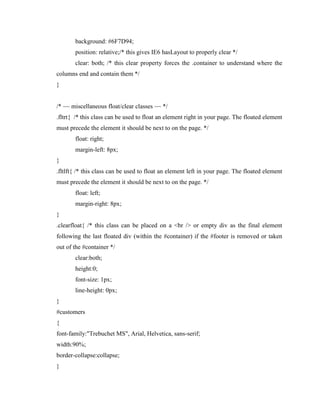 background: #6F7D94;
position: relative;/* this gives IE6 hasLayout to properly clear */
clear: both; /* this clear property forces the .container to understand where the
columns end and contain them */
}

/* ~~ miscellaneous float/clear classes ~~ */
.fltrt{ /* this class can be used to float an element right in your page. The floated element
must precede the element it should be next to on the page. */
float: right;
margin-left: 8px;
}
.fltlft{ /* this class can be used to float an element left in your page. The floated element
must precede the element it should be next to on the page. */
float: left;
margin-right: 8px;
}
.clearfloat{ /* this class can be placed on a <br /> or empty div as the final element
following the last floated div (within the #container) if the #footer is removed or taken
out of the #container */
clear:both;
height:0;
font-size: 1px;
line-height: 0px;
}
#customers
{
font-family:"Trebuchet MS", Arial, Helvetica, sans-serif;
width:90%;
border-collapse:collapse;
}

 