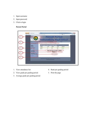 1. Input username
2. Input password
3. Click to login
Parent Portal

1. View attendance list

4. Rank per grading period

2. View grade per grading period

5. Print the page

3. Average grade per grading period

 