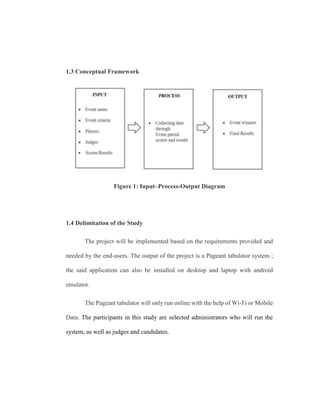 1.3 Conceptual Framework
Figure 1: Input–Process-Output Diagram
1.4 Delimitation of the Study
The project will be implemented based on the requirements provided and
needed by the end-users. The output of the project is a Pageant tabulator system ;
the said application can also be installed on desktop and laptop with android
emulator.
The Pageant tabulator will only run online with the help of Wi-Fi or Mobile
Data. The participants in this study are selected administrators who will run the
system, as well as judges and candidates.
 