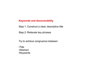 Keywords and discoverability
Step 1: Construct a clear, descriptive title
Step 2: Reiterate key phrases
Try to achieve congruence between:
•Title
•Abstract
•Keywords
 