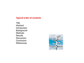 Typical order of contents
Title
Abstract
Introduction
Background
Methods
Results
Discussion
Conclusion
References
 