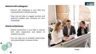 Network with colleagues:
Contd..
• Network with colleagues in your field who
have published in relevant journals.
• They may be able to suggest journals and
potential PubMed peer reviewers for your
manuscript.
Attend conferences:
• Attend conferences in your field to network
with other researchers and editors of
academic journals.
• This can help you to establish relationships
with potential peer-reviewed articles.
 