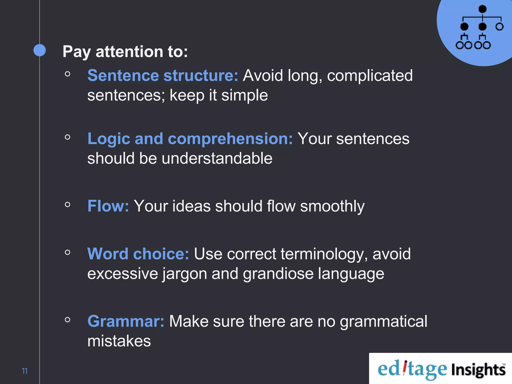 11
Pay attention to:
◦ Sentence structure: Avoid long, complicated
sentences; keep it simple
◦ Logic and comprehension: Your sentences
should be understandable
◦ Flow: Your ideas should flow smoothly
◦ Word choice: Use correct terminology, avoid
excessive jargon and grandiose language
◦ Grammar: Make sure there are no grammatical
mistakes
 