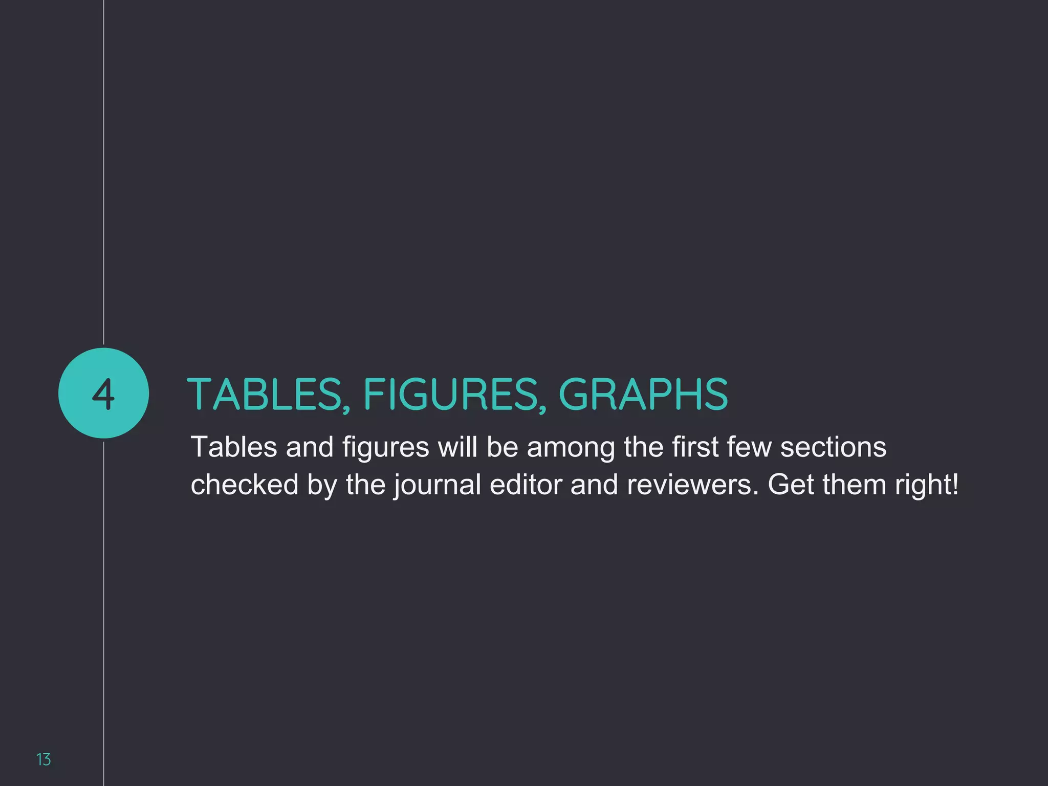 TABLES, FIGURES, GRAPHS
13
4
Tables and figures will be among the first few sections
checked by the journal editor and reviewers. Get them right!
 