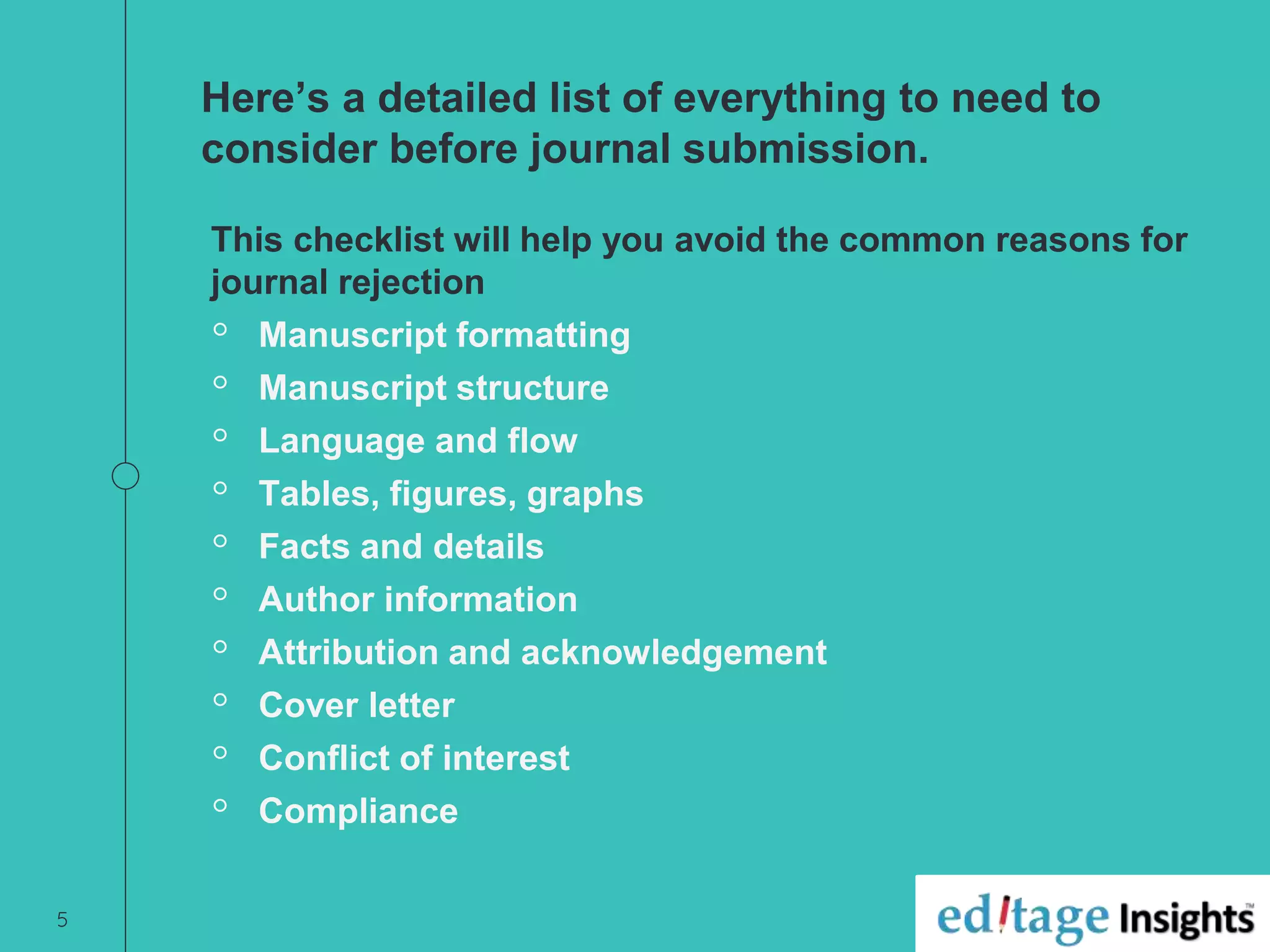 5
Here’s a detailed list of everything to need to
consider before journal submission.
This checklist will help you avoid the common reasons for
journal rejection
◦ Manuscript formatting
◦ Manuscript structure
◦ Language and flow
◦ Tables, figures, graphs
◦ Facts and details
◦ Author information
◦ Attribution and acknowledgement
◦ Cover letter
◦ Conflict of interest
◦ Compliance
 