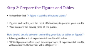 Step 2: Prepare the Figures and Tables
• Remember that “A figure is worth a thousand words”
• Figures and tables, are the most efficient way to present your results.
• Your data are the driving force of the paper.
How do you decide between presenting your data as tables or figures?
• Tables give the actual experimental results with value.
• While figures are often used for comparisons of experimental results
with calculated/theoretical values (Figure 1).
 