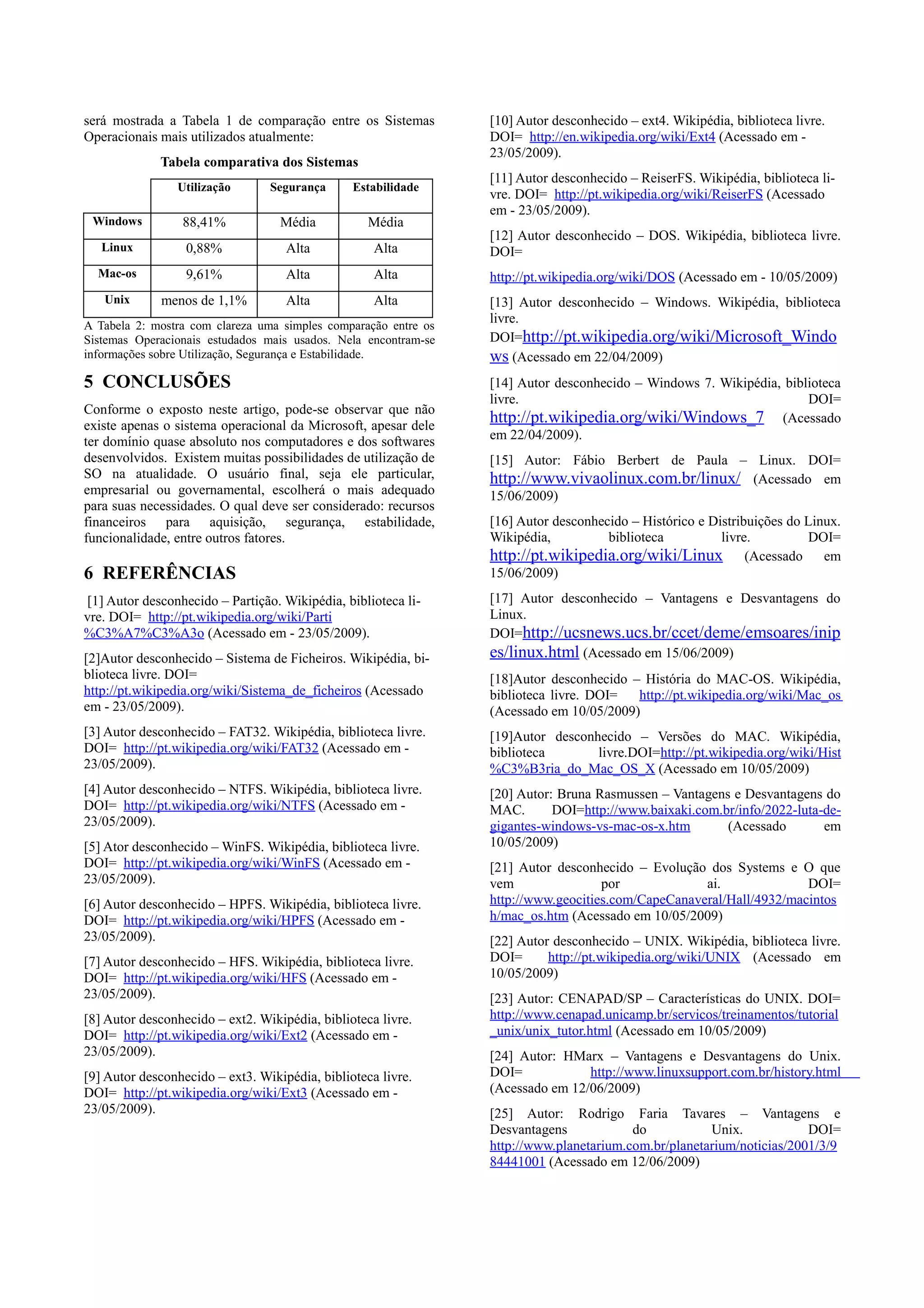 será mostrada a Tabela 1 de comparação entre os Sistemas         [10] Autor desconhecido – ext4. Wikipédia, biblioteca livre.
Operacionais mais utilizados atualmente:                         DOI= http://en.wikipedia.org/wiki/Ext4 (Acessado em -
                                                                 23/05/2009).
             Tabela comparativa dos Sistemas
                                                                 [11] Autor desconhecido – ReiserFS. Wikipédia, biblioteca li-
                Utilização       Segurança      Estabilidade
                                                                 vre. DOI= http://pt.wikipedia.org/wiki/ReiserFS (Acessado
                                                                 em - 23/05/2009).
 Windows         88,41%            Média           Média
                                                                 [12] Autor desconhecido – DOS. Wikipédia, biblioteca livre.
   Linux          0,88%             Alta            Alta         DOI=
  Mac-os          9,61%             Alta            Alta         http://pt.wikipedia.org/wiki/DOS (Acessado em - 10/05/2009)
   Unix      menos de 1,1%          Alta            Alta         [13] Autor desconhecido – Windows. Wikipédia, biblioteca
A Tabela 2: mostra com clareza uma simples comparação entre os
                                                                 livre.
Sistemas Operacionais estudados mais usados. Nela encontram-se   DOI=http://pt.wikipedia.org/wiki/Microsoft_Windo
informações sobre Utilização, Segurança e Estabilidade.          ws (Acessado em 22/04/2009)
5 CONCLUSÕES                                                     [14] Autor desconhecido – Windows 7. Wikipédia, biblioteca
                                                                 livre.                                              DOI=
Conforme o exposto neste artigo, pode-se observar que não
existe apenas o sistema operacional da Microsoft, apesar dele
                                                                 http://pt.wikipedia.org/wiki/Windows_7 (Acessado
ter domínio quase absoluto nos computadores e dos softwares      em 22/04/2009).
desenvolvidos. Existem muitas possibilidades de utilização de    [15] Autor: Fábio Berbert de Paula – Linux. DOI=
SO na atualidade. O usuário final, seja ele particular,          http://www.vivaolinux.com.br/linux/ (Acessado em
empresarial ou governamental, escolherá o mais adequado          15/06/2009)
para suas necessidades. O qual deve ser considerado: recursos
financeiros para aquisição, segurança, estabilidade,             [16] Autor desconhecido – Histórico e Distribuições do Linux.
funcionalidade, entre outros fatores.                            Wikipédia,          biblioteca          livre.         DOI=
                                                                 http://pt.wikipedia.org/wiki/Linux (Acessado em
6 REFERÊNCIAS                                                    15/06/2009)

[1] Autor desconhecido – Partição. Wikipédia, biblioteca li-     [17] Autor desconhecido – Vantagens e Desvantagens do
vre. DOI= http://pt.wikipedia.org/wiki/Parti                     Linux.
%C3%A7%C3%A3o (Acessado em - 23/05/2009).                        DOI=http://ucsnews.ucs.br/ccet/deme/emsoares/inip
[2]Autor desconhecido – Sistema de Ficheiros. Wikipédia, bi-     es/linux.html (Acessado em 15/06/2009)
blioteca livre. DOI=                                             [18]Autor desconhecido – História do MAC-OS. Wikipédia,
http://pt.wikipedia.org/wiki/Sistema_de_ficheiros (Acessado      biblioteca livre. DOI=  http://pt.wikipedia.org/wiki/Mac_os
em - 23/05/2009).                                                (Acessado em 10/05/2009)
[3] Autor desconhecido – FAT32. Wikipédia, biblioteca livre.     [19]Autor desconhecido – Versões do MAC. Wikipédia,
DOI= http://pt.wikipedia.org/wiki/FAT32 (Acessado em -           biblioteca       livre.DOI=http://pt.wikipedia.org/wiki/Hist
23/05/2009).                                                     %C3%B3ria_do_Mac_OS_X (Acessado em 10/05/2009)
[4] Autor desconhecido – NTFS. Wikipédia, biblioteca livre.      [20] Autor: Bruna Rasmussen – Vantagens e Desvantagens do
DOI= http://pt.wikipedia.org/wiki/NTFS (Acessado em -            MAC.       DOI=http://www.baixaki.com.br/info/2022-luta-de-
23/05/2009).                                                     gigantes-windows-vs-mac-os-x.htm       (Acessado        em
[5] Ator desconhecido – WinFS. Wikipédia, biblioteca livre.      10/05/2009)
DOI= http://pt.wikipedia.org/wiki/WinFS (Acessado em -           [21] Autor desconhecido – Evolução dos Systems e O que
23/05/2009).                                                     vem                por             ai.              DOI=
[6] Autor desconhecido – HPFS. Wikipédia, biblioteca livre.      http://www.geocities.com/CapeCanaveral/Hall/4932/macintos
DOI= http://pt.wikipedia.org/wiki/HPFS (Acessado em -            h/mac_os.htm (Acessado em 10/05/2009)
23/05/2009).                                                     [22] Autor desconhecido – UNIX. Wikipédia, biblioteca livre.
[7] Autor desconhecido – HFS. Wikipédia, biblioteca livre.       DOI=      http://pt.wikipedia.org/wiki/UNIX (Acessado em
DOI= http://pt.wikipedia.org/wiki/HFS (Acessado em -             10/05/2009)
23/05/2009).                                                     [23] Autor: CENAPAD/SP – Características do UNIX. DOI=
[8] Autor desconhecido – ext2. Wikipédia, biblioteca livre.      http://www.cenapad.unicamp.br/servicos/treinamentos/tutorial
DOI= http://pt.wikipedia.org/wiki/Ext2 (Acessado em -            _unix/unix_tutor.html (Acessado em 10/05/2009)
23/05/2009).                                                     [24] Autor: HMarx – Vantagens e Desvantagens do Unix.
[9] Autor desconhecido – ext3. Wikipédia, biblioteca livre.      DOI=            http://www.linuxsupport.com.br/history.html
DOI= http://pt.wikipedia.org/wiki/Ext3 (Acessado em -            (Acessado em 12/06/2009)
23/05/2009).                                                     [25] Autor: Rodrigo Faria Tavares – Vantagens e
                                                                 Desvantagens            do           Unix.            DOI=
                                                                 http://www.planetarium.com.br/planetarium/noticias/2001/3/9
                                                                 84441001 (Acessado em 12/06/2009)
 
