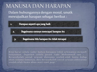 Dalam hubungannya dengan moral, unutk
mewujudkan harapan sebagai berikut :
 