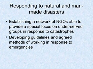 Responding to natural and man-made disasters Establishing a network of NGOs able to provide a special focus on under-served groups in response to catastrophes  Developing guidelines and agreed methods of working in response to emergencies 