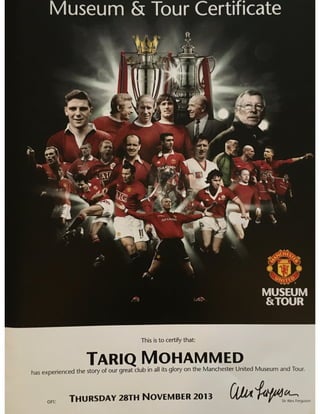 Museum and Tour Certificate - Manchester United 