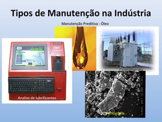 Tipos de Manutenção na Indústria
Manutenção Preditiva - ÓleoManutenção Preditiva - Óleo
Analise de lubrificantes
Cromatografia
Ferrografia
 