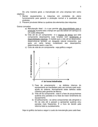 8

       De uma maneira geral, a manutenção em uma empresa tem como
objetivos:
   1. Manter equipamentos e máquinas em condições de pleno
       funcionamento para garantir a produção normal e a qualidade dos
       produtos;
   2. Prevenir prováveis falhas ou quebras dos elementos das máquinas.

Outros conceitos:
         a) Manutenção ideal - é a que permite alta disponibilidade para a
            produção durante todo o tempo em que ela estiver em serviço e a
            um custo adequado.
         b) Vida útil de um componente - é o espaço de tempo que este
            componente desempenha suas funções com rendimento e
            disponibilidade máximas. A medida que a vida útil se desenvolve,
            desenvolve-se também um desgaste natural (crescente), que
            após um certo tempo inviabilizará seu desempenho,
            determinando assim o seu fim..
         c) Ciclo de vida de um componente - veja gráfico a seguir:




                 1) Fase de amaciamento - os defeitos internos do
                    equipamento se manifestam pelo uso normal e pelo auto-
                    ajuste do sistema. Normalmente estes defeitos estão
                    cobertos pela garantia de fábrica.
                 2) Vida útil do componente - esta é a fase de pouquíssimas
                    quebras e/ou paradas e é a fase de maior rendimento do
                    equipamento;
                 3) Envelhecimento - os vários componentes vão atingindo o
                    fim da vida útil e passam a apresentar quebras e/ou
                    paradas mais freqüentes. É a hora de decidir pela
                    reforma total ou sucateamento.

      Veja no gráfico da bacia a seguir o custo da manutenção para cada fase:
 