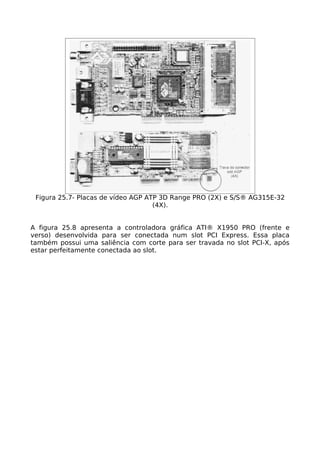 Figura 25.7- Placas de vídeo AGP ATP 3D Range PRO (2X) e S/S® AG315E-32
                                    (4X).


A figura 25.8 apresenta a controladora gráfica ATI® X1950 PRO (frente e
verso) desenvolvida para ser conectada num slot PCI Express. Essa placa
também possui uma saliência com corte para ser travada no slot PCI-X, após
estar perfeitamente conectada ao slot.
 