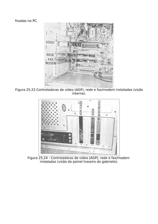fixadas no PC.




Figura 25.23 Controladoras de vídeo (AGP), rede e fax/modem instaladas (visão
                                  interna).




       Figura 25,24 - Controladoras de vídeo (AGP), rede e fax/modem
               instaladas (visão do painel traseiro do gabinete).
 