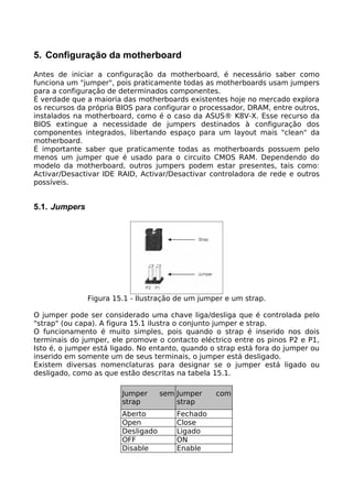 5. Configuração da motherboard
Antes de iniciar a configuração da motherboard, é necessário saber como
funciona um "jumper", pois praticamente todas as motherboards usam jumpers
para a configuração de determinados componentes.
É verdade que a maioria das motherboards existentes hoje no mercado explora
os recursos da própria BIOS para configurar o processador, DRAM, entre outros,
instalados na motherboard, como é o caso da ASUS® K8V-X. Esse recurso da
BIOS extingue a necessidade de jumpers destinados à configuração dos
componentes integrados, libertando espaço para um layout mais "clean" da
motherboard.
É importante saber que praticamente todas as motherboards possuem pelo
menos um jumper que é usado para o circuito CMOS RAM. Dependendo do
modelo da motherboard, outros jumpers podem estar presentes, tais como:
Activar/Desactivar IDE RAID, Activar/Desactivar controladora de rede e outros
possíveis.


5.1. Jumpers




               Figura 15.1 - Ilustração de um jumper e um strap.

O jumper pode ser considerado uma chave liga/desliga que é controlada pelo
"strap" (ou capa). A figura 15.1 ilustra o conjunto jumper e strap.
O funcionamento é muito simples, pois quando o strap é inserido nos dois
terminais do jumper, ele promove o contacto eléctrico entre os pinos P2 e P1,
Isto é, o jumper está ligado. No entanto, quando o strap está fora do jumper ou
inserido em somente um de seus terminais, o jumper está desligado.
Existem diversas nomenclaturas para designar se o jumper está ligado ou
desligado, como as que estão descritas na tabela 15.1.

                        Jumper      sem Jumper    com
                        strap           strap
                        Aberto          Fechado
                        Open            Close
                        Desligado       Ligado
                        OFF             ON
                        Disable         Enable
 
