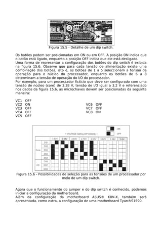 Figura 15.5 - Detalhe de um dip switch.

Os botões podem ser posicionadas em ON ou em OFF. A posição ON indica que
o botão está ligado, enquanto a posição OFF indica que ele está desligado.
Uma forma de representar a configuração dos botões do dip switch é exibida
na figura 15.6. Observe que para cada tensão de alimentação existe uma
combinação dos botões, isto é, os botões de 1 a 5 seleccionam a tensão de
operação para o núcleo do processador, enquanto os botões de 6 a 8
determinam a tensão de operação do l/O do processador.
Por exemplo, para um processador fictício que deve ser configurado com uma
tensão de núcleo (core) de 3.38 V, tensão de l/O igual a 3.2 V e referenciado
nos dados da figura 15.6, as microchaves devem ser posicionadas da seguinte
maneira:

VC1   OFF
VC2   ON                                 VC6 OFF
VC3   OFF                                VC7 OFF
VC4   OFF                                VC8 ON
VC5   OFF




Figura 15.6 - Possibilidades de seleção para as tensões de um processador por
                             melo de um dip switch.


Agora que o funcionamento do jumper e do dip switch é conhecido, podemos
iniciar a configuração da motherboard.
Além da configuração da motherboard ASUS® K8V-X, também será
apresentada, como extra, a configuração de uma motherboard Tyan®S1590.
 