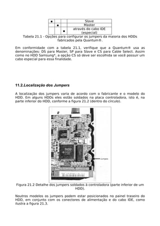 ■                    Slave
                        ■                Master
                                  através do cabo IDE
                            ■
                                       (especial)
    Tabela 21.1 - Opções para configurar os jumpers da maioria dos HDDs
                        fabricados pela Quantum®.

Em conformidade com a tabela 21.1, verifique que a Quantum® usa as
denominações: DS para Master, SP para Slave e CS para Cable Select. Assim
como no HDD Samsung*, a opção CS só deve ser escolhida se você possuir um
cabo especial para essa finalidade.




11.2.Localização dos Jumpers

A localização dos jumpers varia de acordo com o fabricante e o modelo do
HDD. Em alguns HDDs eles estão soldados na placa controladora, isto é, na
parte inferior do HDD, conforme a figura 21.2 (dentro do círculo).




Figura 21.2 Detalhe dos jumpers soldados à controladora (parte inferior de um
                                   HDD).

Noutros modelos os jumpers podem estar posicionados no painel traseiro do
HDD, em conjunto com os conectores de alimentação e do cabo IDE, como
ilustra a figura 21.3.
 