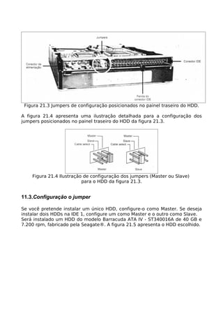 Figura 21.3 Jumpers de configuração posicionados no painel traseiro do HDD.

A figura 21.4 apresenta uma ilustração detalhada para a configuração dos
jumpers posicionados no painel traseiro do HDD da figura 21.3.




    Figura 21.4 Ilustração de configuração dos jumpers (Master ou Slave)
                          para o HDD da figura 21.3.


11.3.Configuração o jumper

Se você pretende instalar um único HDD, configure-o como Master. Se deseja
instalar dois HDDs na IDE 1, configure um como Master e o outro como Slave.
Será instalado um HDD do modelo Barracuda ATA IV - ST340016A de 40 GB e
7.200 rpm, fabricado pela Seagate®. A figura 21.5 apresenta o HDD escolhido.
 