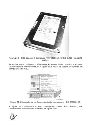 Figura 21.5 - HDD Seagate® Barracuda IV ST340016A (40 GB, 7.200 rpm e2MB
                                 cache).

Para saber como configurar o HDD na opção Master, basta consultar a etiqueta
colada na parte inferior do HDD. A figura 21.6 ilustra as opções disponíveis de
configuração do HDD.




 Figura 21.6 Ilustração de configuração dos jumpers para o HDD ST340016A.

A figura 21.7 apresenta o HDD configurado como "HDD Master", em
conformidade com o que foi ilustrado na figura 21.6.
 