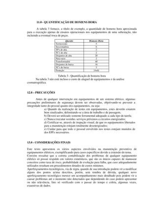 11.0 - QUANTIFICAÇÃO DE HOMENS HORA

        A tabela 3 fornece, a título de exemplo, a quantidade de homens hora aproximada
para a execução apenas de ensaios operacionais nos equipamentos de uma subestação, não
incluindo a eventual troca de peças.
                                   Quesito           Homens Hora
                        Termovisão                         5
                        Seccionadora                       6
                        TP's de alta                       2
                        TC's de alta                      2
                        Disjuntor de alta                 20
                        Pára-raios                         2
                        Transformador                     40
                        Disjuntor de baixa                16
                        TC's de baixa                     3
                        Proteção                        1/relé

                         Tabela 3 - Quantificação de homens hora
      Na tabela 3 não está incluso o custo de aluguel de equipamentos e da análise
cromatrográfica.


12.0 – PRECAUÇÕES

        Antes de qualquer intervenção em equipamentos de um sistema elétrico, algumas
precauções preliminares de segurança devem ser observadas, objetivando-se prevenir a
integridade tanto do pessoal quanto dos equipamentos, ou seja:
               a) Quando da realização de testes em equipamentos, estes deverão estarem
               bem sinalizados, delimitando-se a área de trabalho e de passagem;
               b) Deverá ser utilizado somente ferramental adequado a cada tipo de tarefa;
               c) Nunca executar sozinho, serviços próximos a circuitos energizados;
               d) Certificar-se, através de inspeção visual, de que os equipamentos liberados
               para a manutenção estejam totalmente desenergizados;
               e) Cuidar para que todo o pessoal envolvido nos testes estejam munidos de
               dos EPI's necessários.


13.0 - CONSIDERAÇÕES FINAIS

Este texto apresentou os vários aspectos envolvidos na manutenção preventiva de
equipamentos elétricos, exemplificando para casos específicos devido a extensão do tema.
Convém ressaltar que a correta contabilização dos problemas de qualquer equipamento
elétrico só possui respaldo em valores estatísticos, que são os únicos capazes de manusear
conceitos como taxa de risco, probabilidade de evolução para falha, que caso adequadamente
utilizados resultam em procedimentos dotados de custos mínimos.
Aperfeiçoamentos tecnológicos, via de regra, quando de sua introdução podem vir a modificar
alguns dos pontos acima descritos, porém, sem sombra de dúvida, qualquer novo
aperfeiçoamento tecnológico merece um acompanhamento mais detalhado pois podem vir a
causar problemas até o momento não detectados que dependendo do caso podem apresentar
ou não relevância, fato só verificado com o passar do tempo e coleta, algumas vezes,
exaustivas de dados.
 