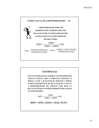 14/05/2013
10
COMO CALCULAR A DISPONIBILIDADE? (2)
A DISPONIBILIDADE PODE SER
REPRESENTADA TAMBÉM COMO UMA
RELAÇÃO ENTRE O TEMPO MÉDIO ENTRE
FALHAS (TMEF) E O TEMPO MÉDIO DE
REPARO (TMPR):
100x
TMPRTMEF
TMEF
DISP


FALHASDENÚMERO
MANUTENÇÃO/CTEMPO
TMPR 
FALHASDENÚMERO
OPERAÇÃODETEMPO
TMEF 
EXEMPLO (2)
EM UM INTERVALO DE 40 HORAS UM DETERMINADO
VEÍCULO ESTEVE COM A OPERAÇÃO DURANTE 35
HORAS E COM A MANUTENÇÃO DURANTE 5 HORAS
(COMO CONSEQUÊNCIA DE DUAS FALHAS). CALCULE
A DISPONIBILIDADE DO VEÍCULO COM BASE NA
RELAÇÃO ENTRE OS TEMPOS MÉDIOS ENTRE FALHAS
E ENTRE REPAROS .
DISP = (35/2) / [(35/2) + (5/2)]= 87,5%
100x
TMPRTMEF
TMEF
DISP


 